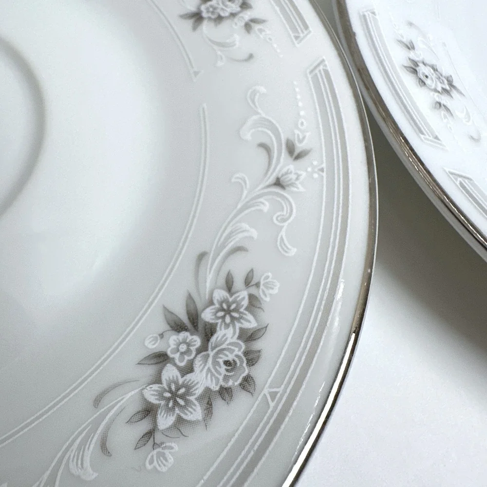 Nitto Cotillion S74 Saucers Set 3 White Grey Floral Platinum Trim Japan Vintage